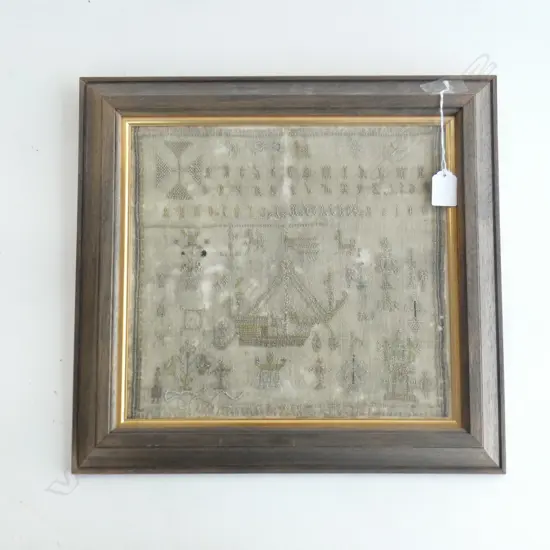 A framed antique alphabet sampler and ship, c.1813 (very faded and worn). 290 x 300mm...